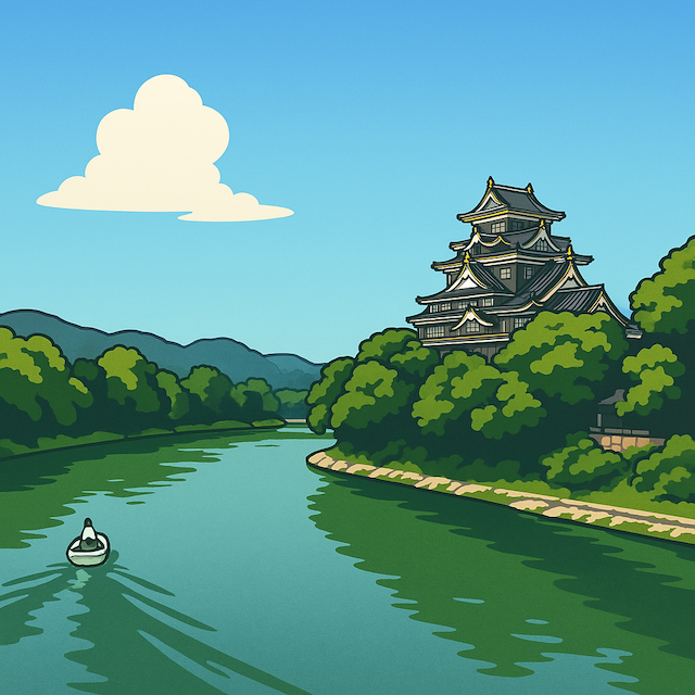 岡山城と川イラスト